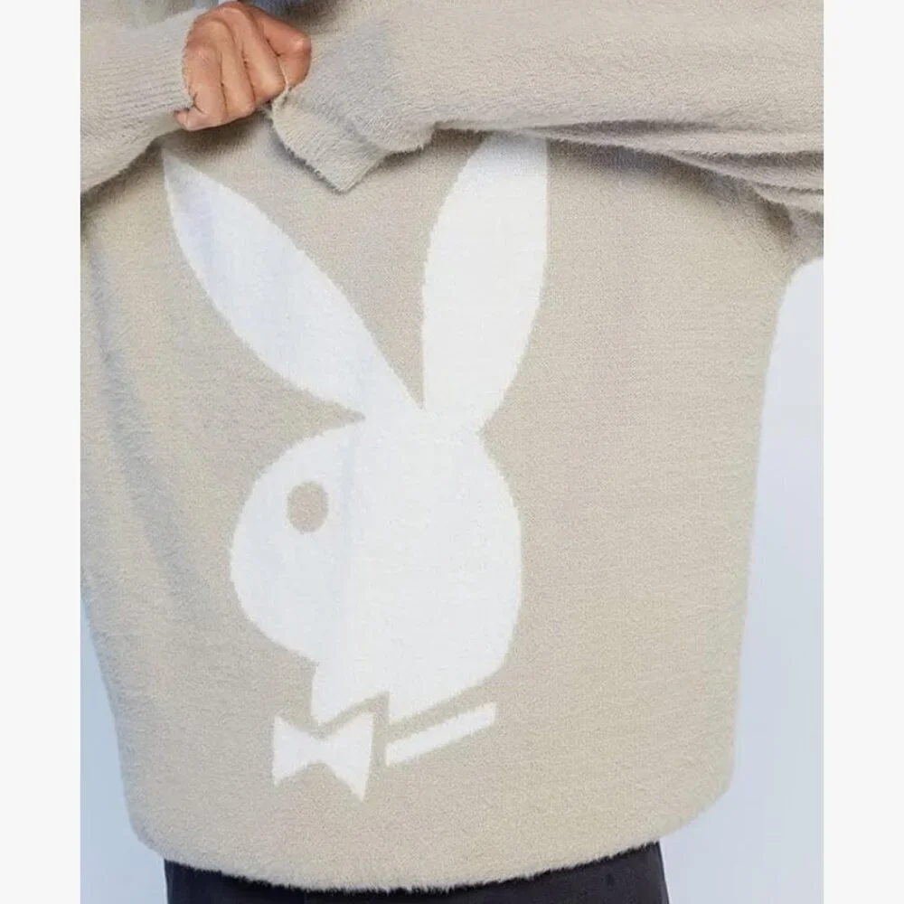 PLAYBOY Fuzzy Bunny Head PacSun Crew Neck Sweater Tan Beige XL